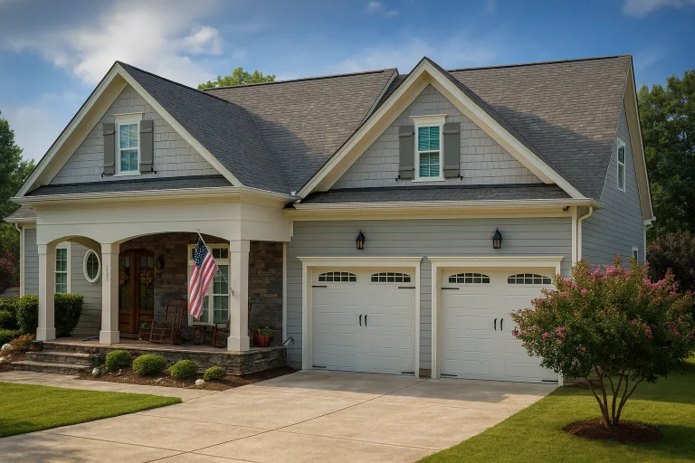 Front exterior of a New American Traditional style house with horizontal siding, stone porch columns, covered entry, and attached two-car garage