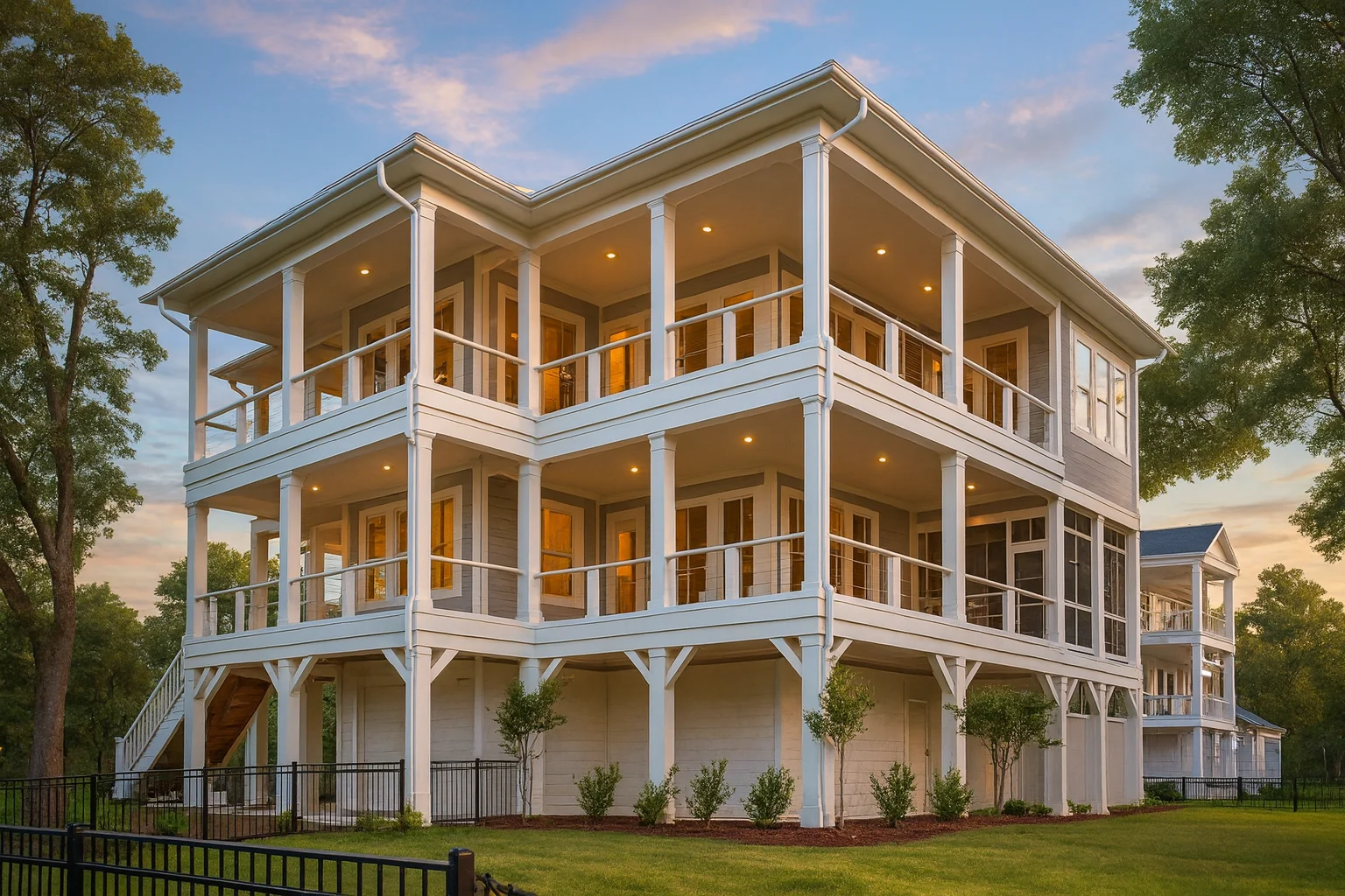 Elevated Coastal Low Country style house with double wraparound porches, lap siding, and classic Southern columns