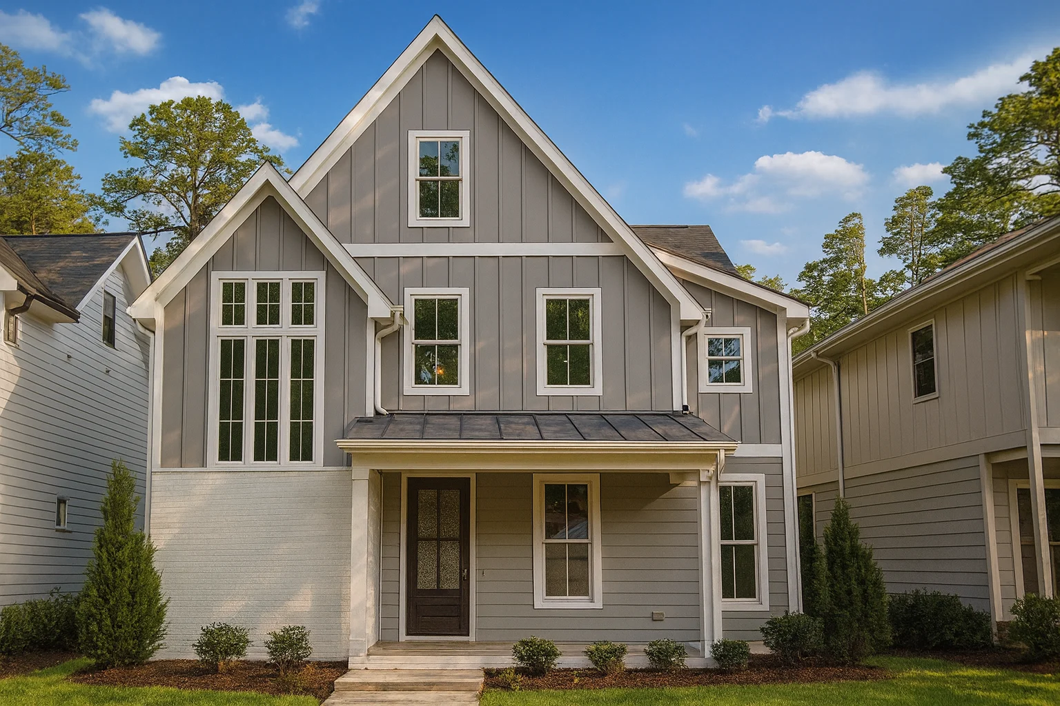 Mediterranean House Plans 3 Front elevation of a Modern Farmhouse and New American style home featuring board and batten siding, steep gable rooflines, and a welcoming covered porch