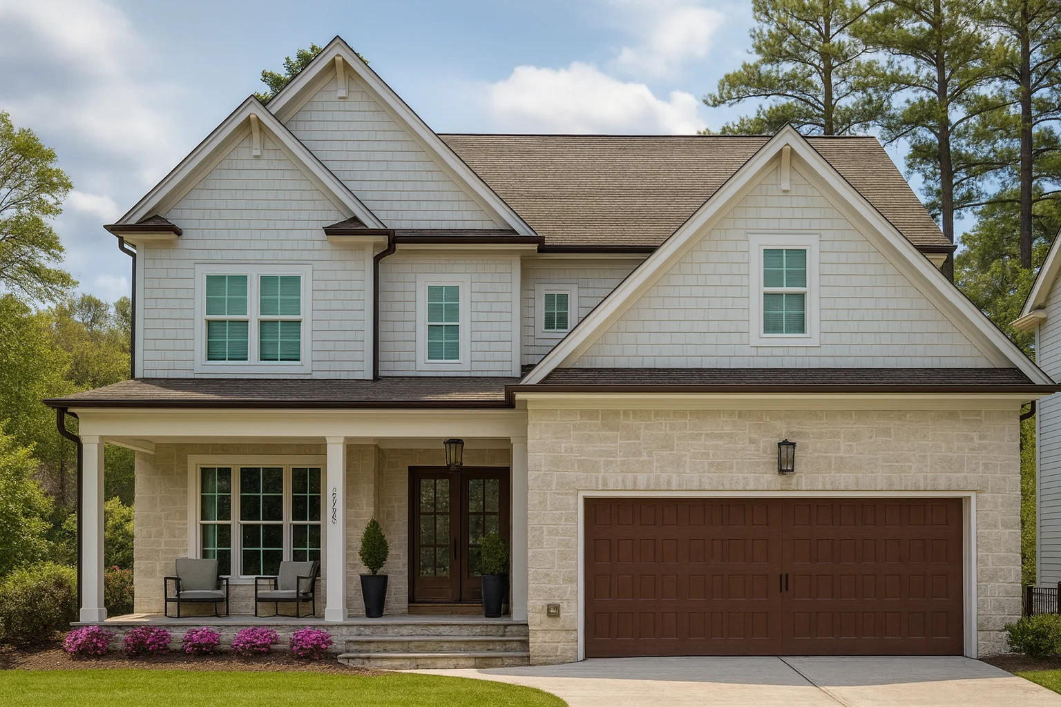 Front exterior of a New American modern traditional house featuring painted brick, horizontal siding, and a covered porch