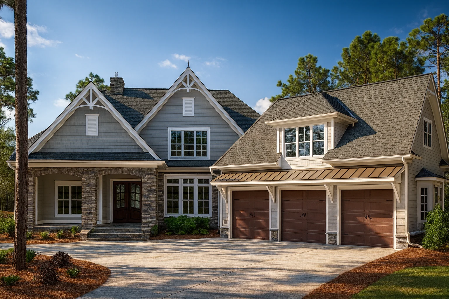 Front elevation of a New American Traditional style home featuring stone accents, board-and-batten siding, multi-gabled rooflines, and a side-entry garage
