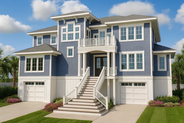 Front elevation of a Coastal Shingle Style house with elevated design, shingle siding, balconies, and classic coastal detailing