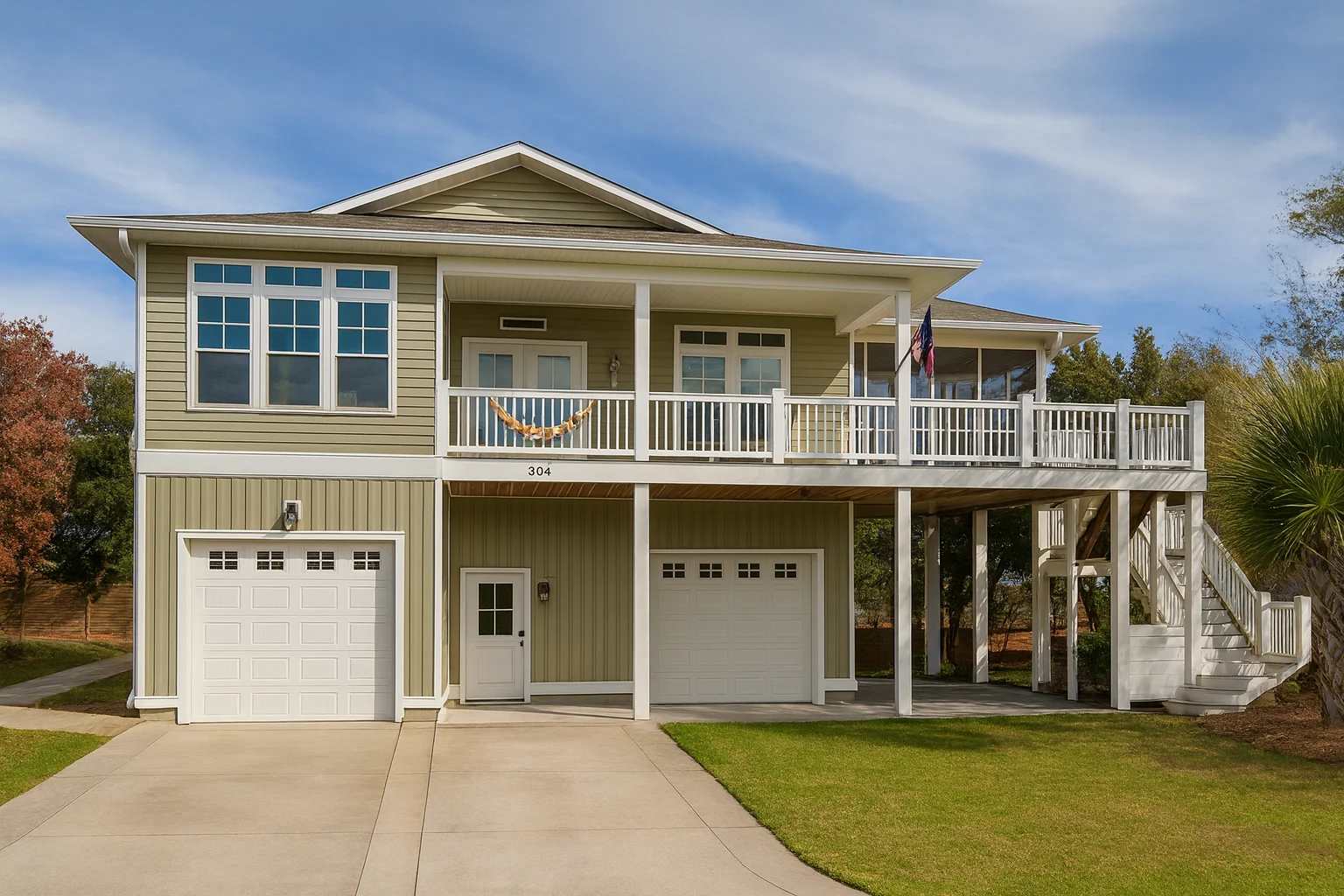 Front elevation of elevated Coastal Low Country style home with horizontal siding, wraparound porch, exterior stairs, and ground-level garage