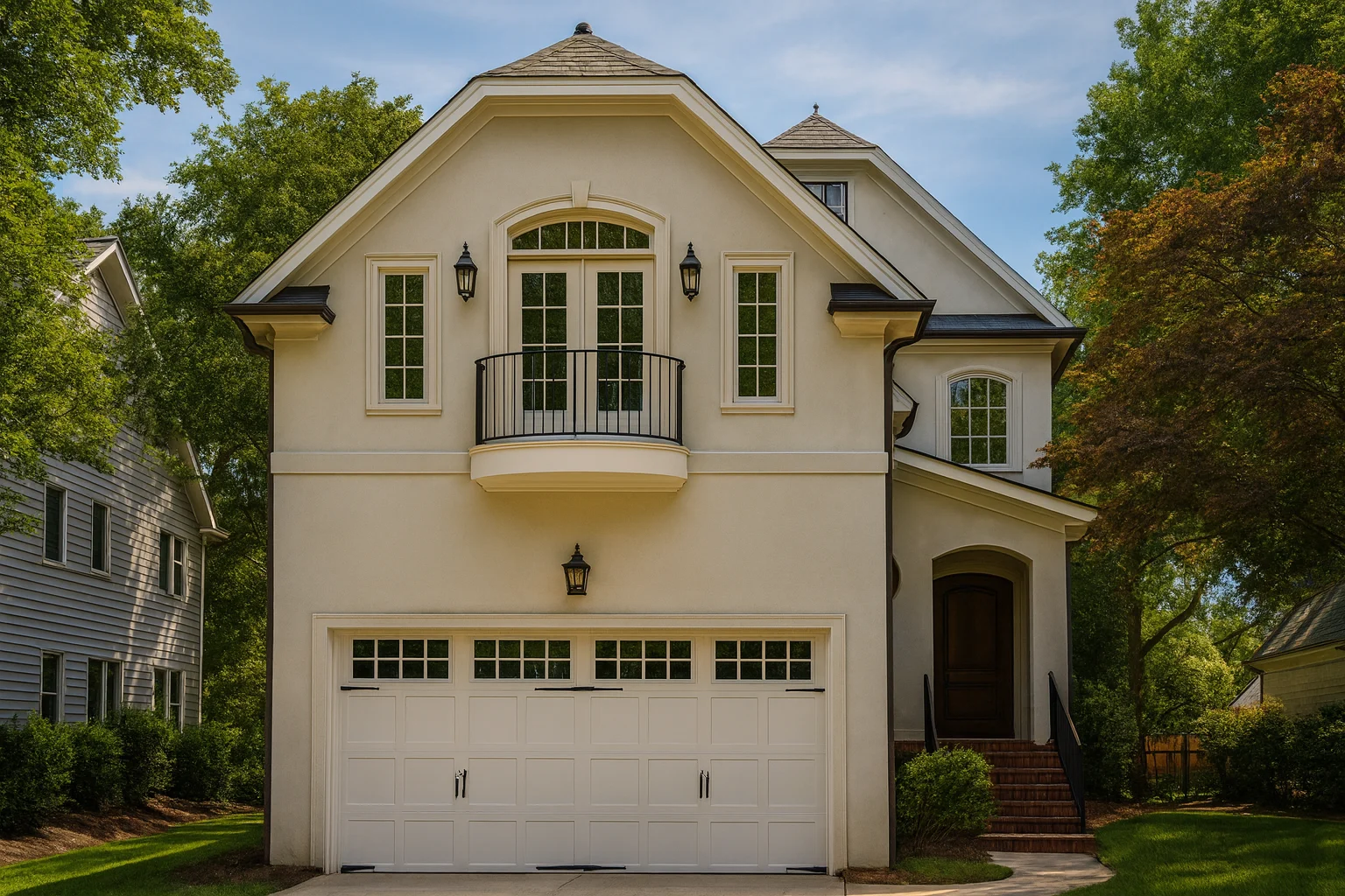 Front exterior view of a New American style carriage house with smooth stucco exterior, arched windows, Juliet balcony, and traditional suburban detailing