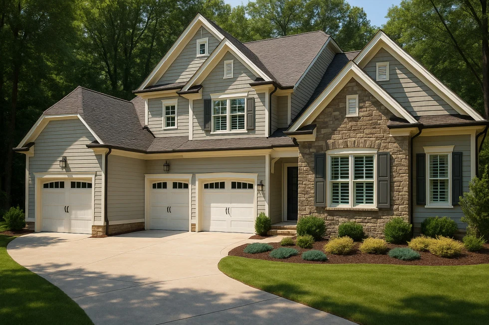 Front exterior of a New American Modern Traditional house with stone accents, horizontal siding, gabled rooflines, and three-car garage
