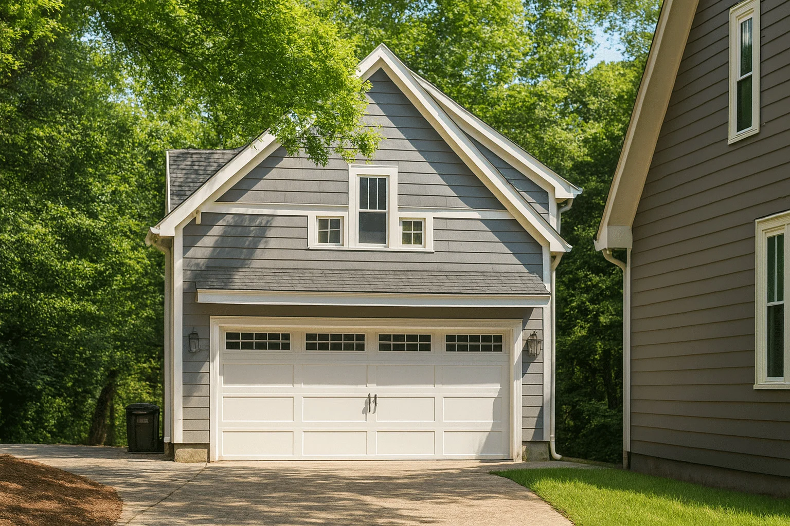 Front exterior view of a Traditional cottage-style garage apartment with horizontal lap siding, gable roof, and two-car garage below