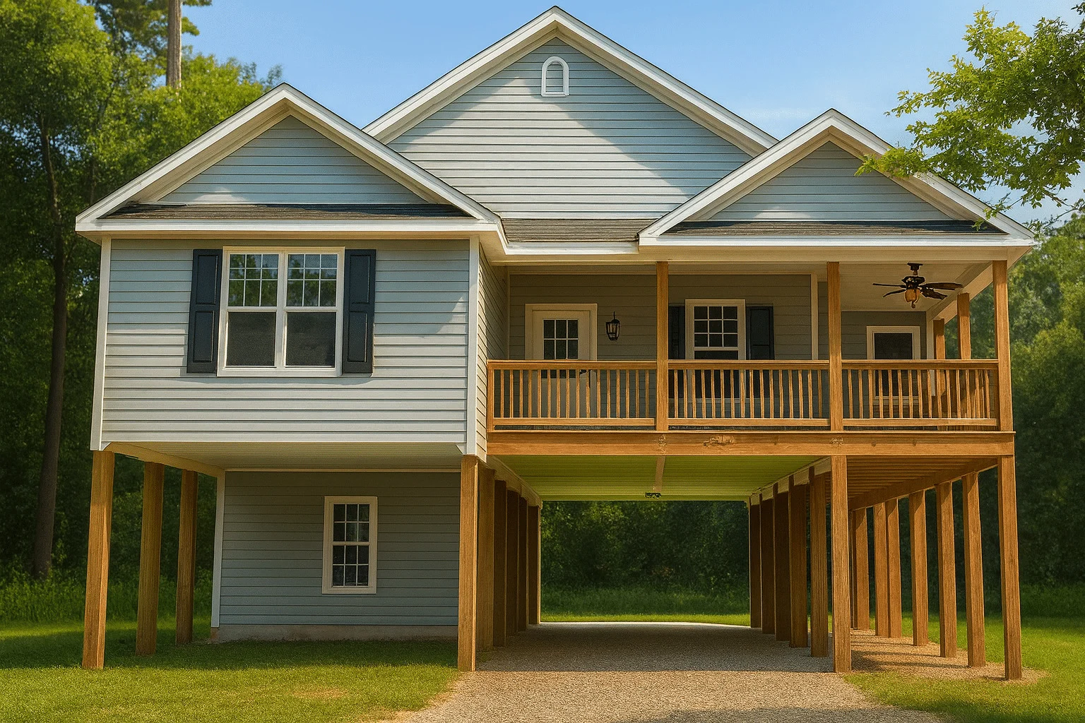 Front exterior of a raised Coastal Low Country style home with horizontal siding, elevated foundation, and wide covered porch