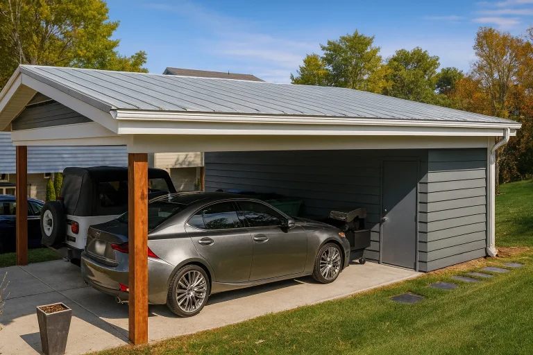 Modern farmhouse style carport garage with horizontal lap siding, standing seam metal roof, and open two-bay vehicle storage design
