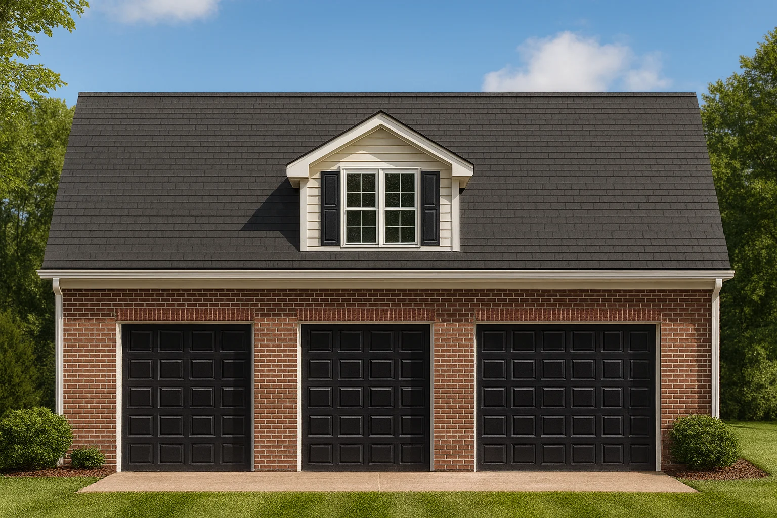 Traditional Colonial style carriage house garage apartment with brick exterior, three-car garage doors, and central dormer