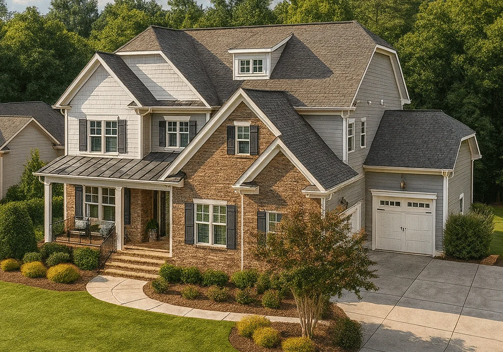 Front exterior of a New American Traditional Colonial style house with brick façade, horizontal siding, gabled rooflines, and covered front porch