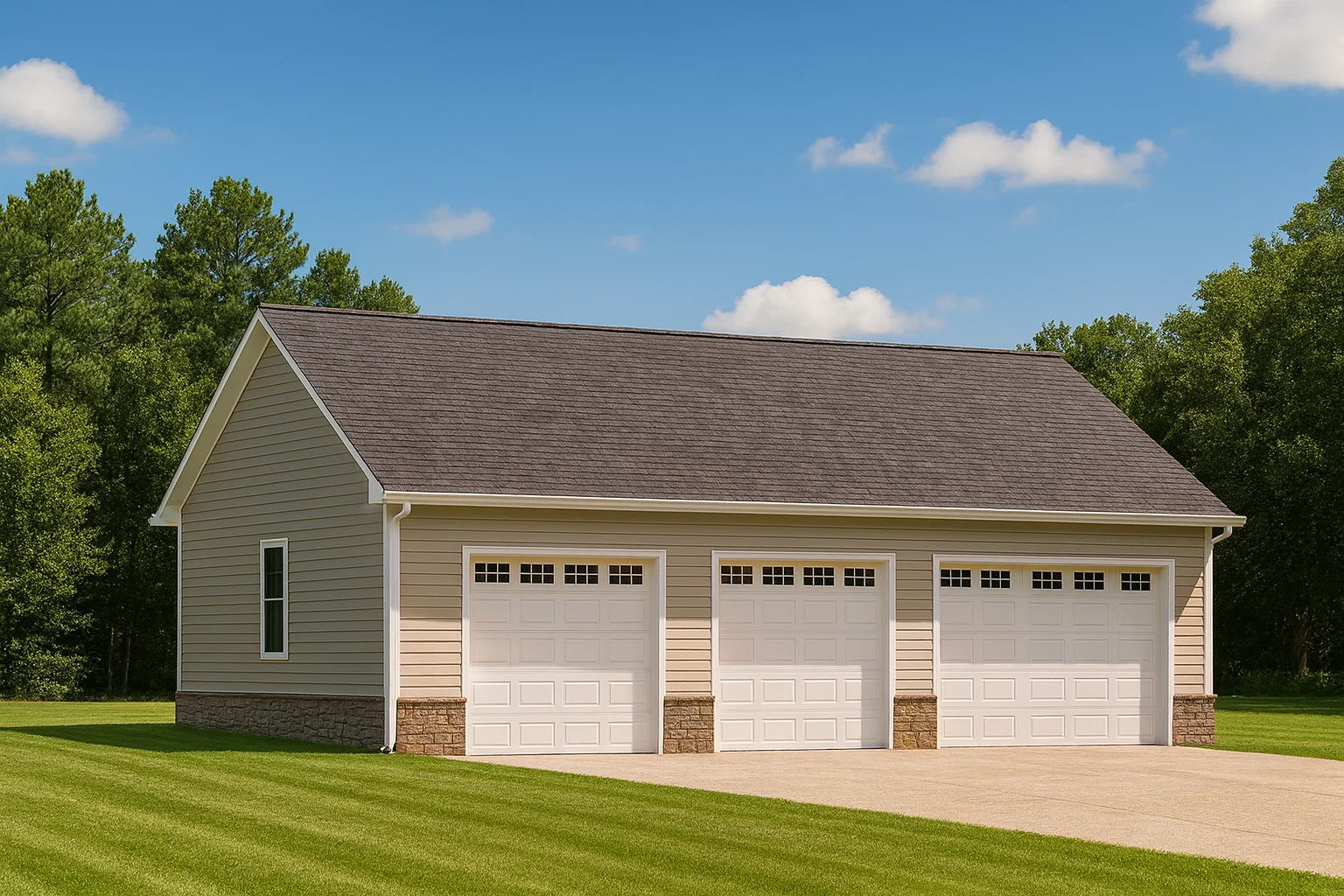 Front elevation of a traditional three-car garage with horizontal siding, brick accents, and gable roof