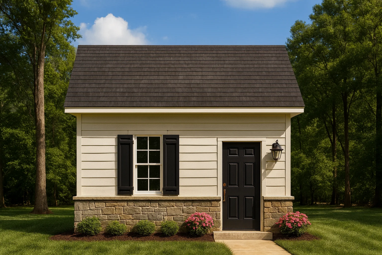 Front elevation of a small Traditional Cottage style home with horizontal siding, stone veneer foundation, and centered entry door