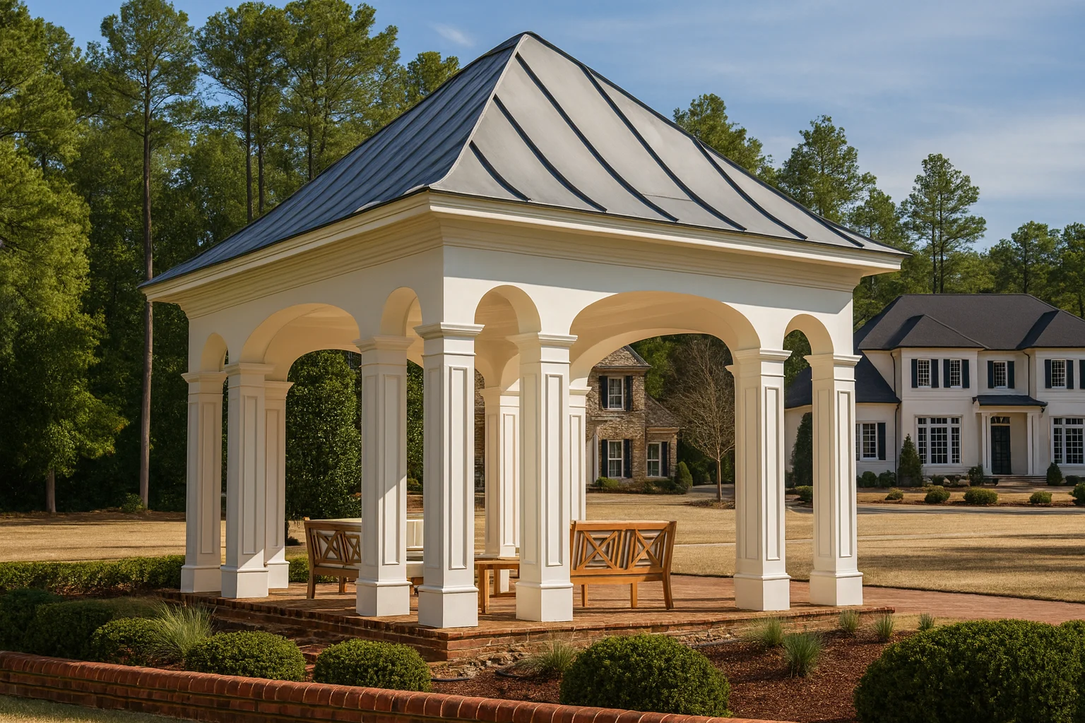 Neoclassical pavilion structure with smooth stucco columns, arched openings, and standing seam metal roof in a landscaped setting