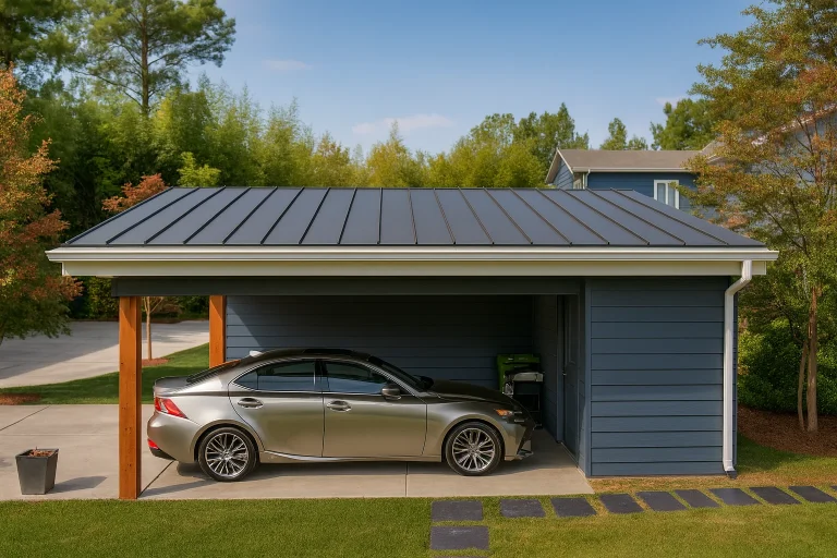 Front view of contemporary modern carport structure with horizontal siding, standing seam metal roof, and clean minimalist design