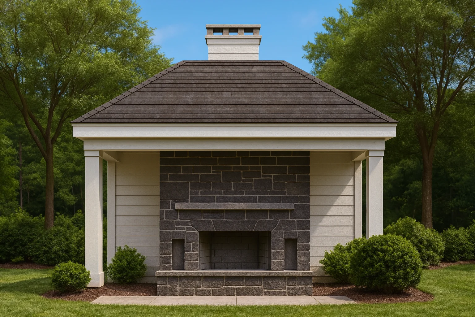 Front view of a traditional pool house featuring horizontal siding, stone fireplace surround, and a simple gabled pavilion structure