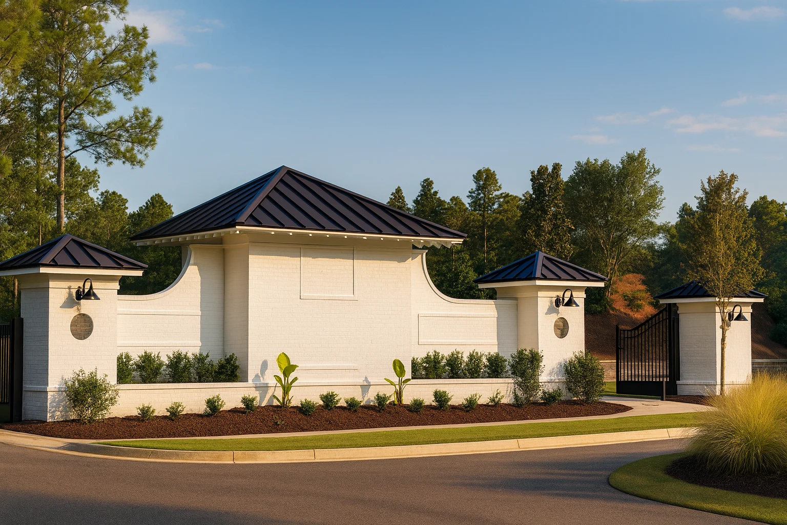 Front view of Mediterranean style stucco entrance pavilion with metal roof, landscaped approach, and gated community entry design