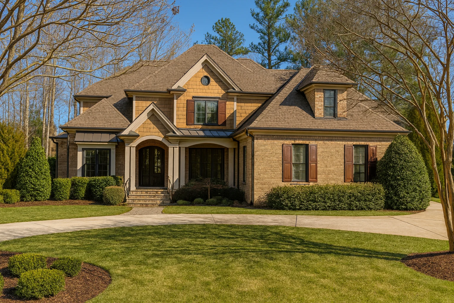Front view of a traditional brick home with Colonial and New American design elements, gabled rooflines, and manicured landscaping