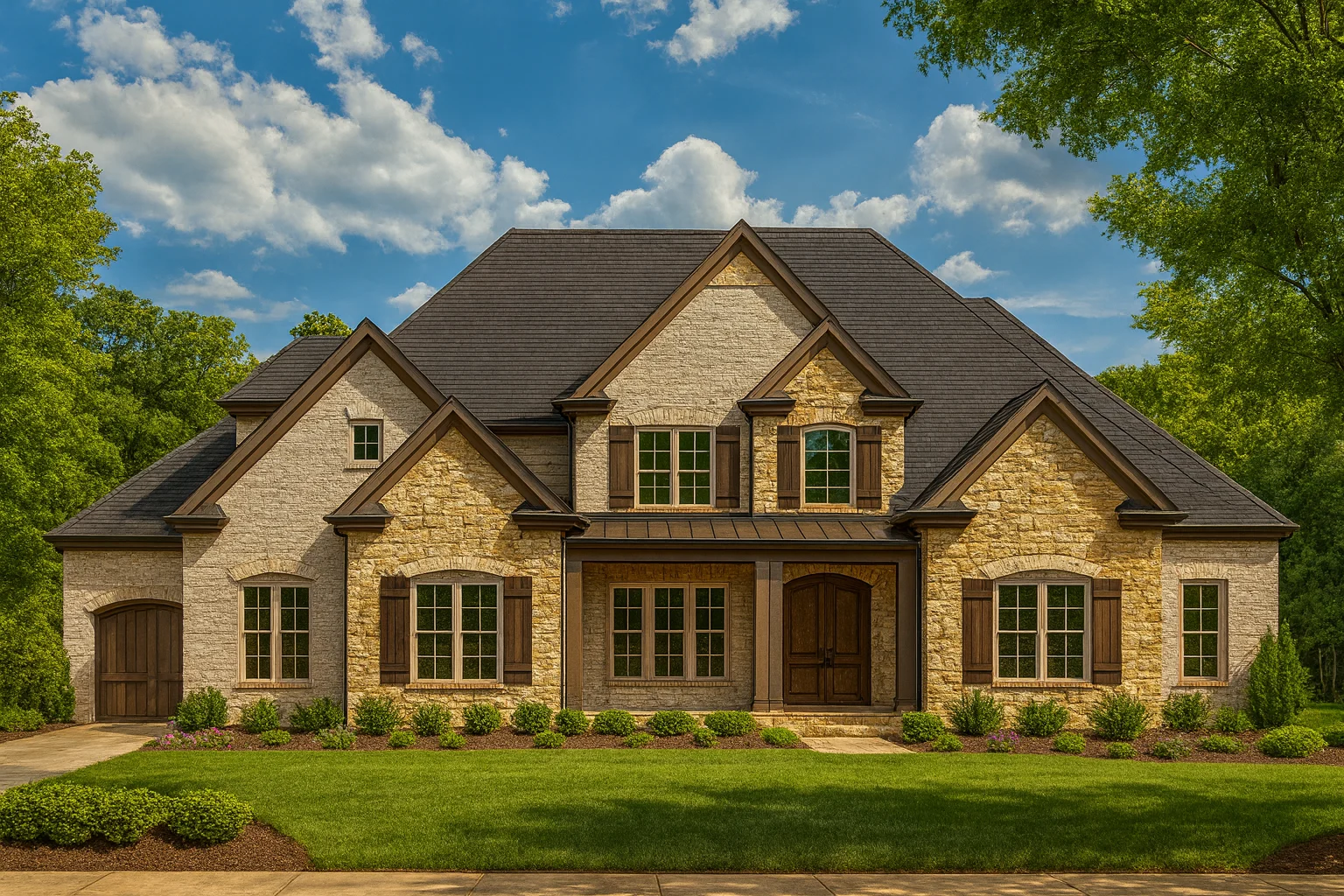 Front elevation of a French Country and Traditional style home featuring stone and brick exterior, gabled rooflines, and elegant architectural symmetry