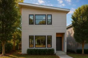 Front view of a modern contemporary narrow-lot house with horizontal lap siding and large modern windows