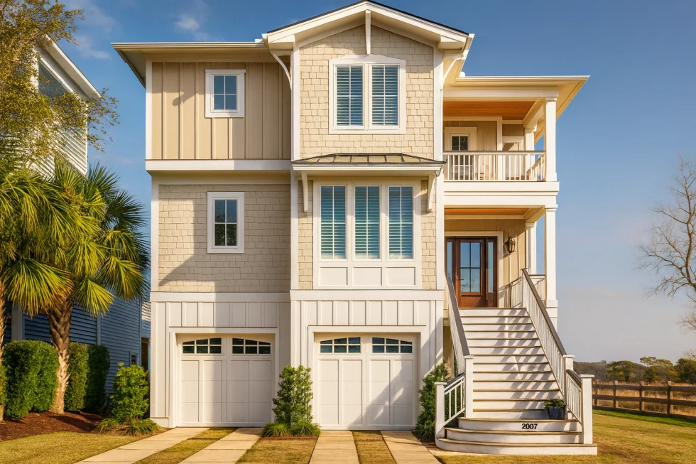 Front elevation of a Coastal Shingle Style home featuring board and batten, shake siding, elevated staircase, and dual garage level