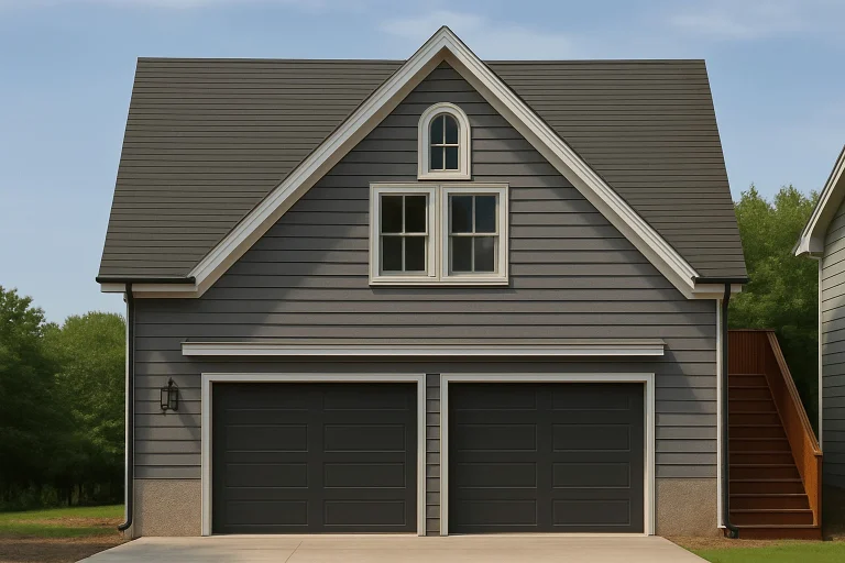 Front exterior of a Carriage House garage apartment featuring traditional cottage design with gray horizontal lap siding and a two-car garage