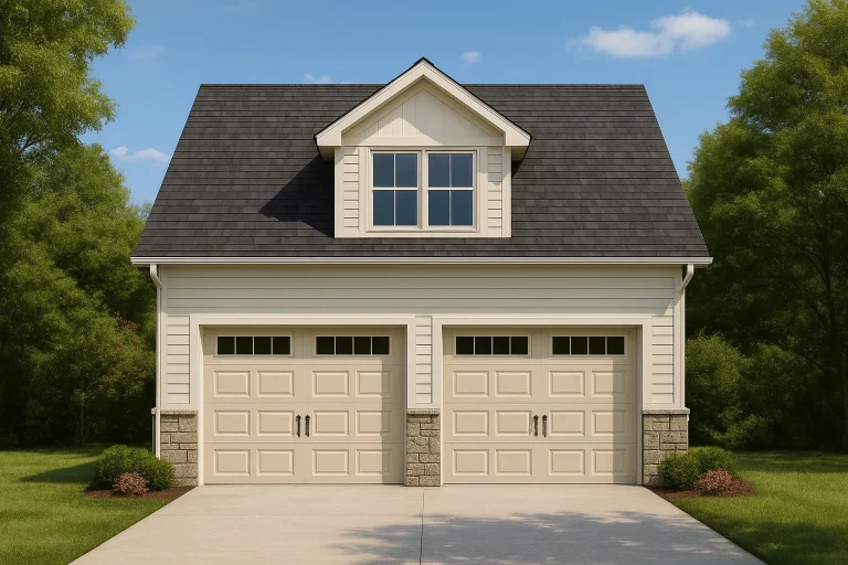 Front exterior view of a Traditional carriage house garage apartment featuring horizontal siding, stone wainscot, dormer windows, and a two-car garage