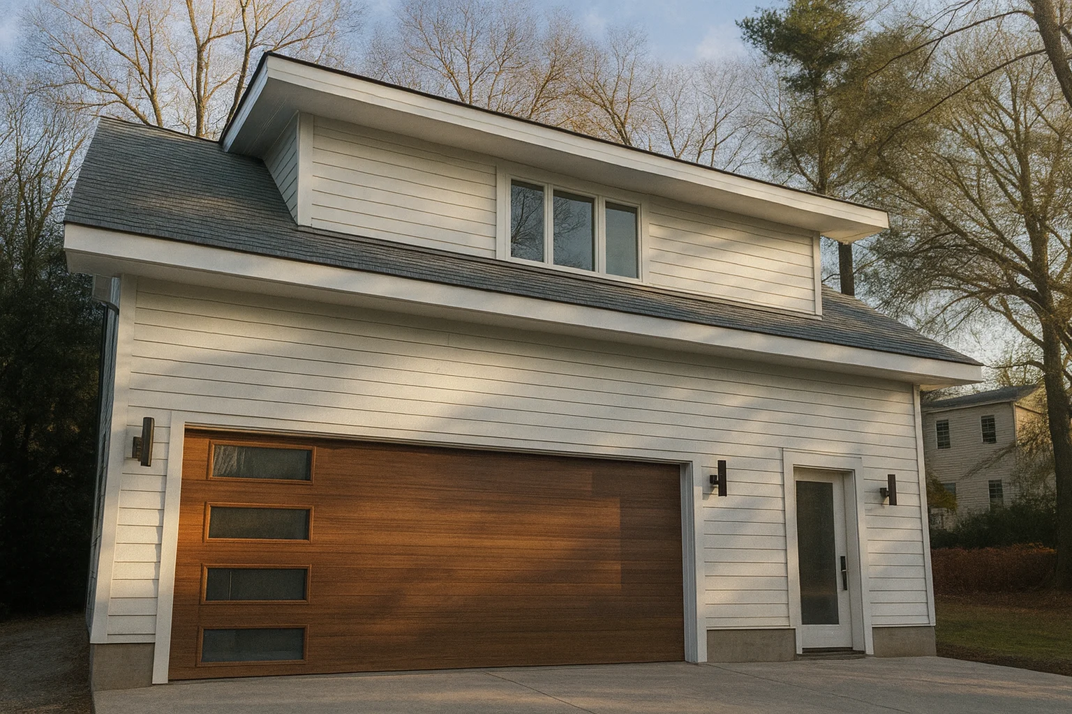 Front elevation of modern garage apartment with horizontal lap siding, contemporary overhang, and warm wood garage door
