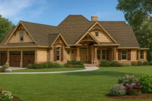 Front view of a Rustic Craftsman Lodge style home featuring wood siding, stone accents, shake roofing, and a covered porch entry