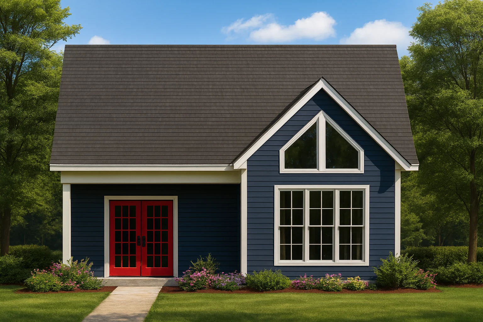 Front view of a Cottage Modern Farmhouse featuring blue siding, red double front doors, and large windows with clean white trim