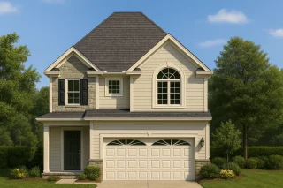 Front elevation of a Traditional Colonial style two-story home featuring stone accents, arched windows, and horizontal siding exterior.