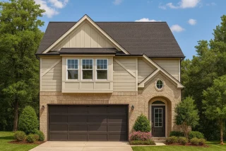 Front elevation of a two-story Traditional New American style home featuring brick on the first floor, horizontal siding above, and board and batten gable details