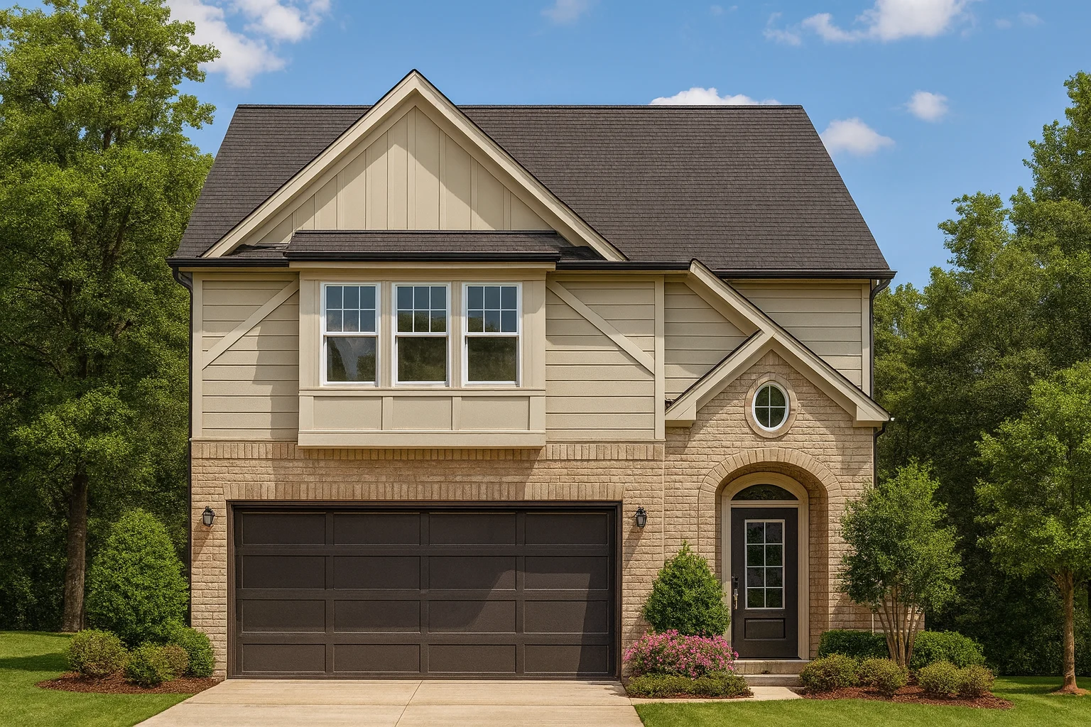 Front elevation of a two-story Traditional New American style home featuring brick on the first floor, horizontal siding above, and board and batten gable details