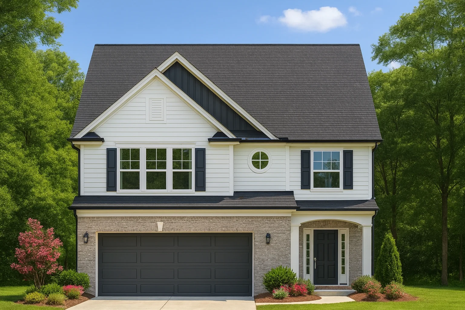 ElegantFront elevation of a Traditional Colonial home featuring white siding, brick veneer, black shutters, and a gable roof design 2-Story House Plan with Craftsman-Inspired Design