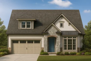 House Plans with Screened-In Porch 12 Front view of a Traditional Cottage style house featuring stone veneer, horizontal siding, and gable detailing with dormer above the garage