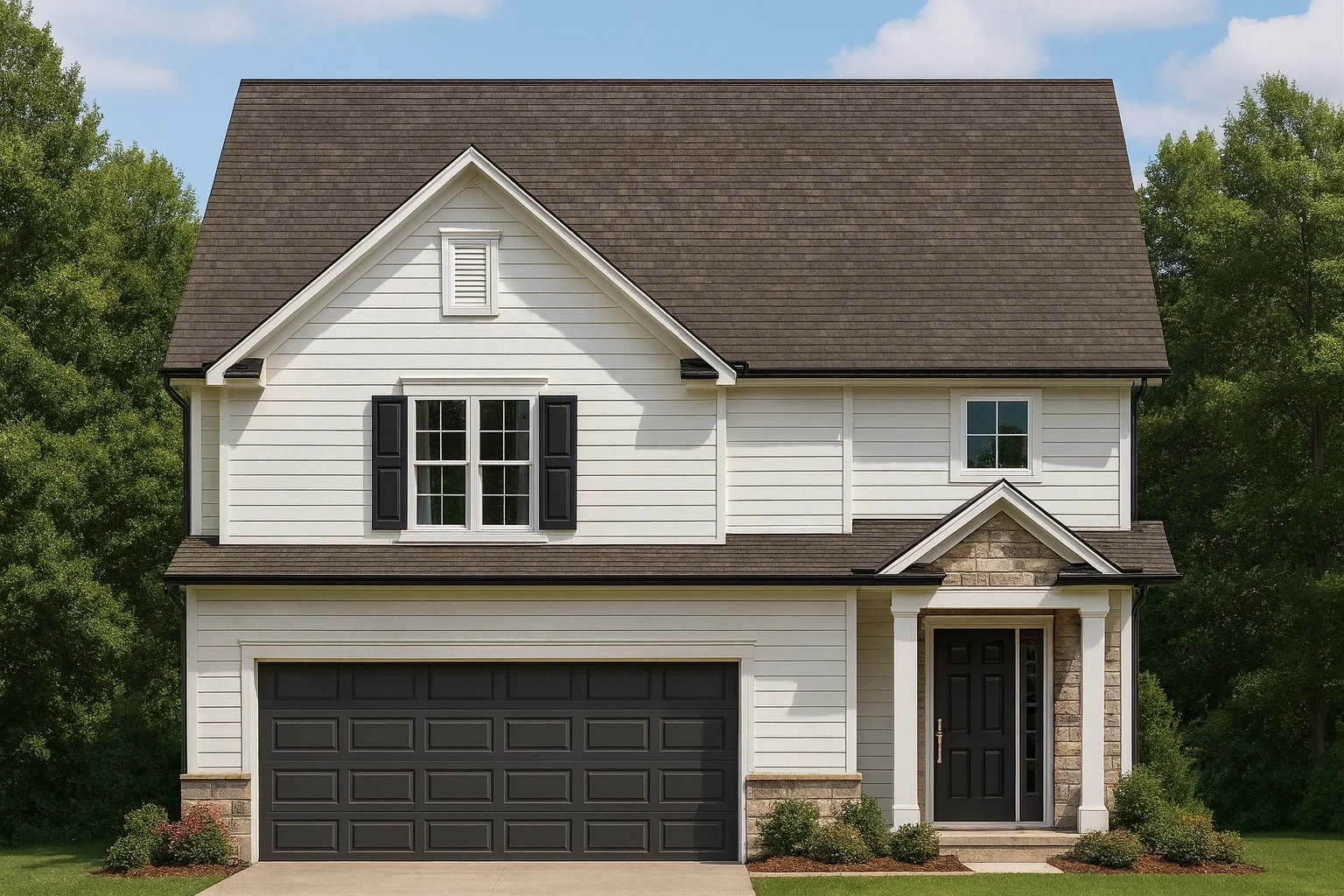 Front elevation of a Modern Farmhouse style home featuring white board and batten siding, black windows, and a stone-accented entryway with two-car garage.
