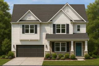 Front view of a Modern Farmhouse style home featuring board and batten siding, horizontal lap accents, and a stone base for a warm traditional appearance
