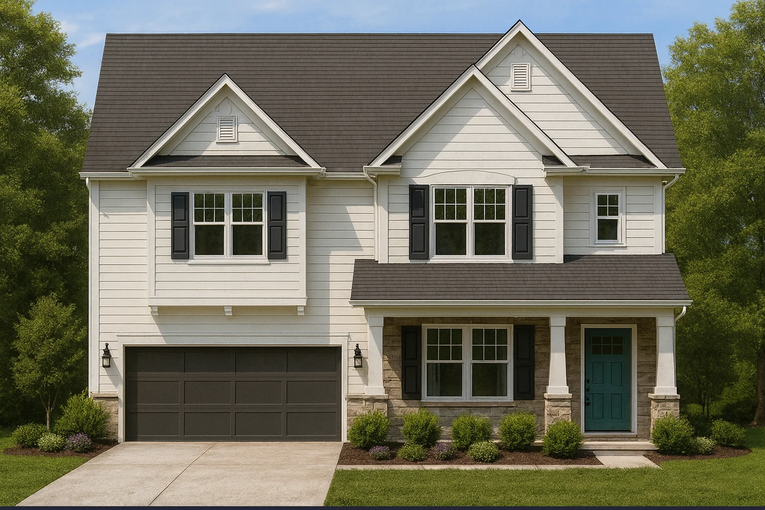 Front view of a Modern Farmhouse style home featuring board and batten siding, horizontal lap accents, and a stone base for a warm traditional appearance