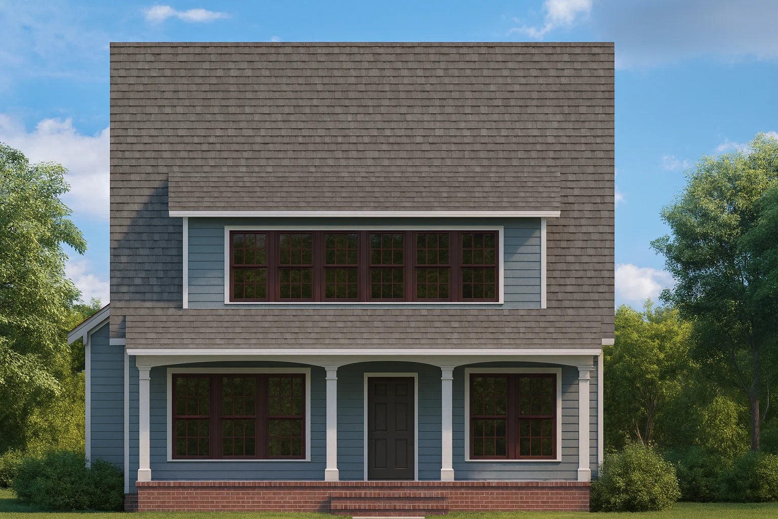 Front view of American Foursquare style house featuring blue horizontal siding, white trim, brick foundation, and symmetrical windows with a covered porch entry