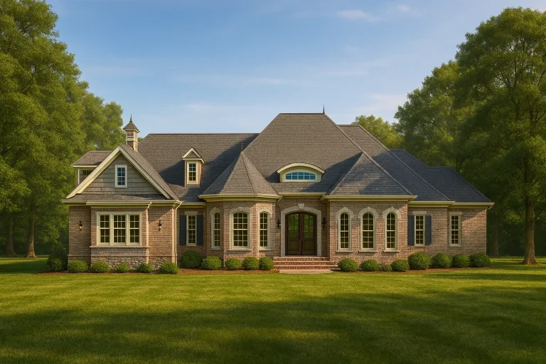 Front view of a French Country and European Traditional style home featuring a brick exterior, stone accents, and symmetrical windows under a steep hipped roof.