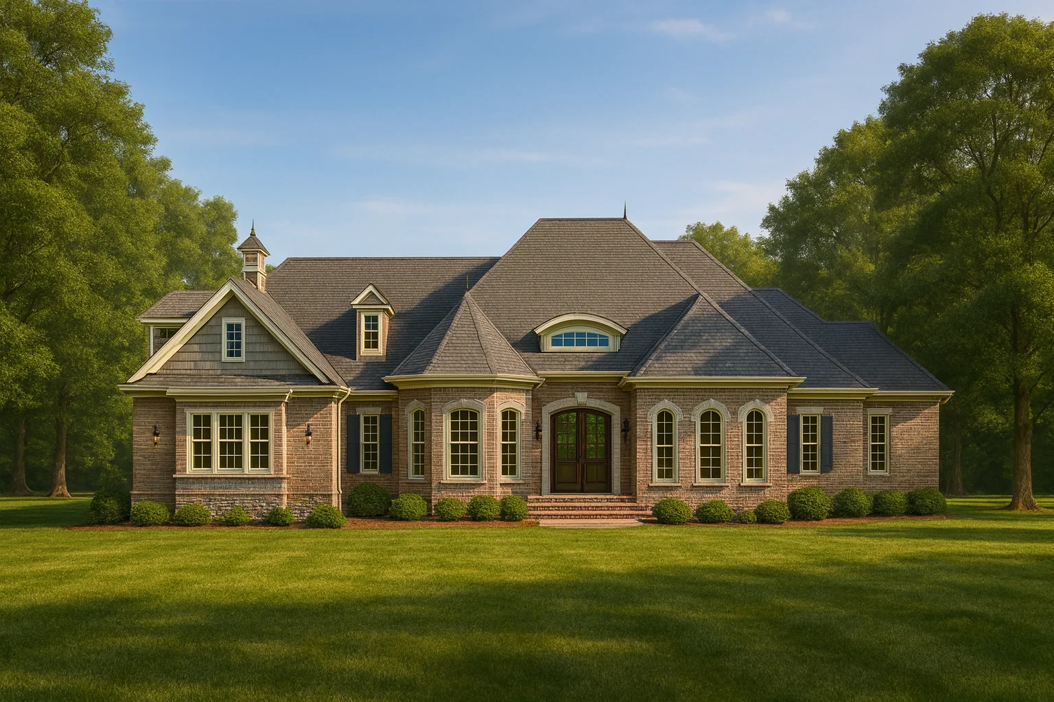 Affordable House Plans 3 Front view of a French Country and European Traditional style home featuring a brick exterior, stone accents, and symmetrical windows under a steep hipped roof.