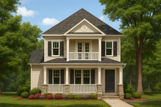 Front elevation of a Traditional Colonial house with lap siding, stone porch piers, white columns, black shutters, and an upstairs balcony