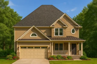 Front elevation of a Traditional New American style house featuring horizontal lap siding, stone accents, and a welcoming covered porch entry
