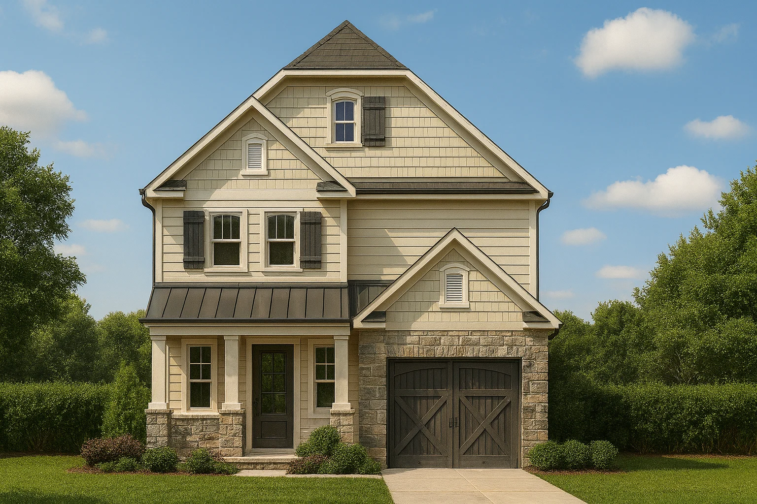 Front view of a Traditional New American style house featuring stone and horizontal siding with shingle accents, black shutters, and a one-car garage