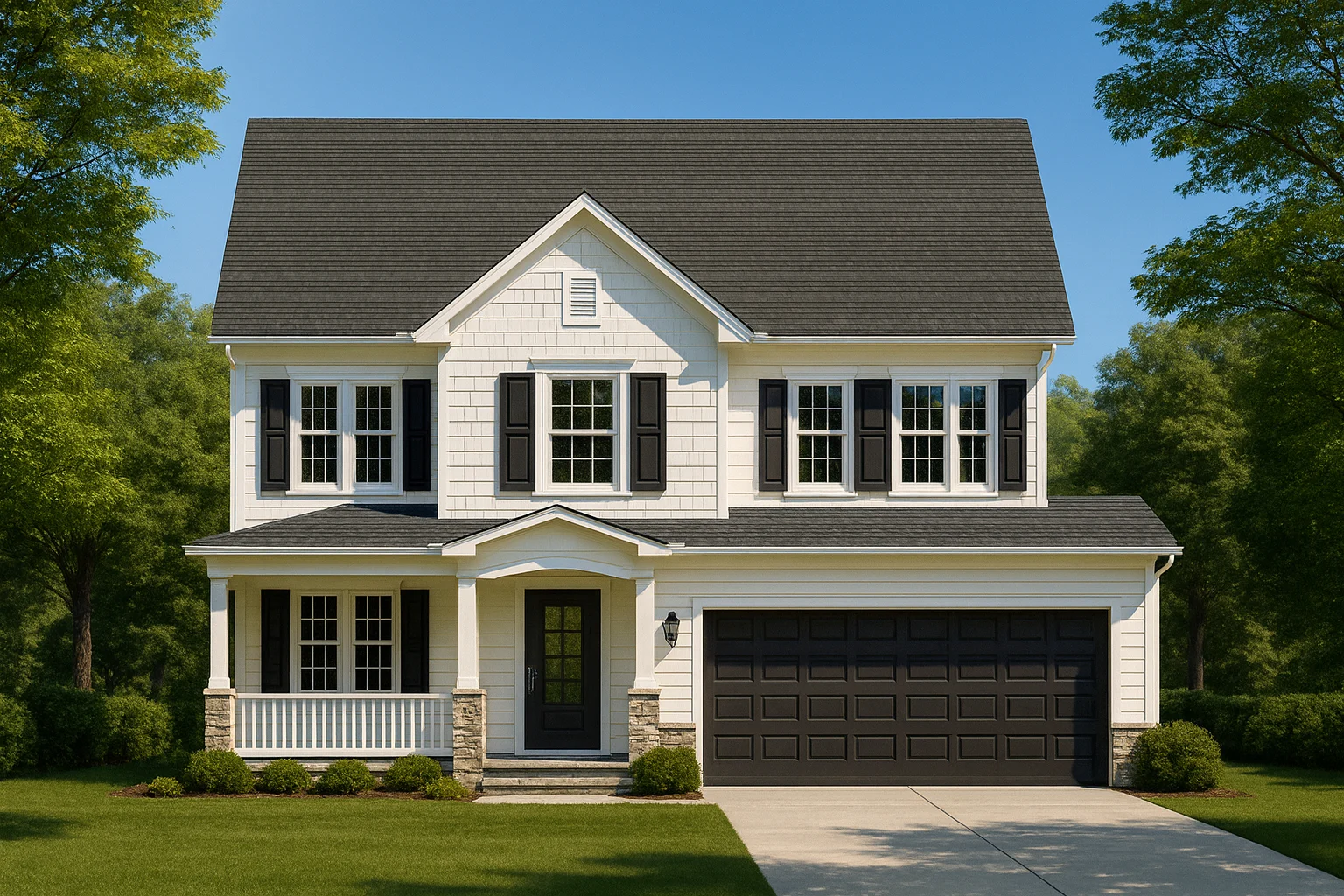 Front view of a Colonial Traditional style two-story home with white lap siding, stone accents, black shutters, and a covered front porch