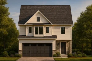 Front view of a Modern Farmhouse style home featuring horizontal lap siding, stone accents, dark trim windows, and a gable roof design.