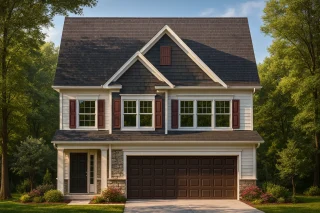 Front elevation of a Traditional Colonial Revival style home featuring horizontal lap siding, stone accents, and gable shingles with red shutters and a two-car garage.
