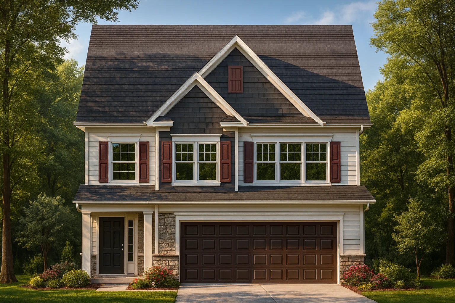 Front elevation of a Traditional Colonial Revival style home featuring horizontal lap siding, stone accents, and gable shingles with red shutters and a two-car garage.