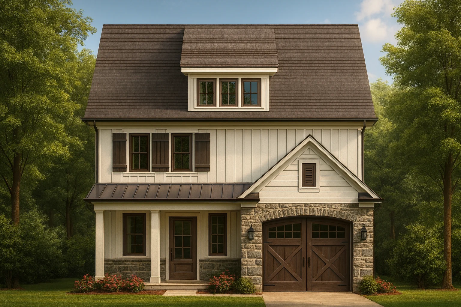Front view of a Modern Farmhouse style home featuring board and batten siding, stone accents, and wood trim with dark shutters and a front-entry garage.