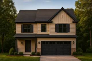 Front view of a New American Transitional style two-story home featuring beige horizontal siding, board and batten gable accents, and partial stone veneer base with black trim and garage doors