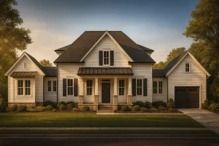 Front view of a Modern Farmhouse style home with white board and batten siding, brick porch piers, black metal porch roof, and gable dormers